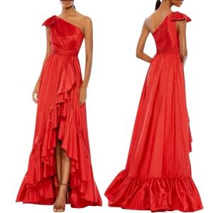 Mac Duggal 68027 Gown‎ Size 12 Red Taffeta One Shoulder Asymmetric Ruffle Hem